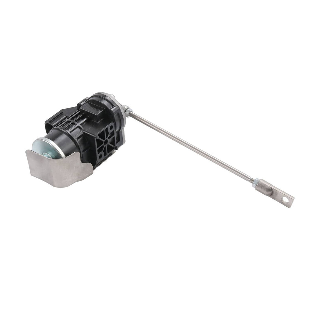 Turbo wastegate actuator with black housing, silver end cap, and metal rod