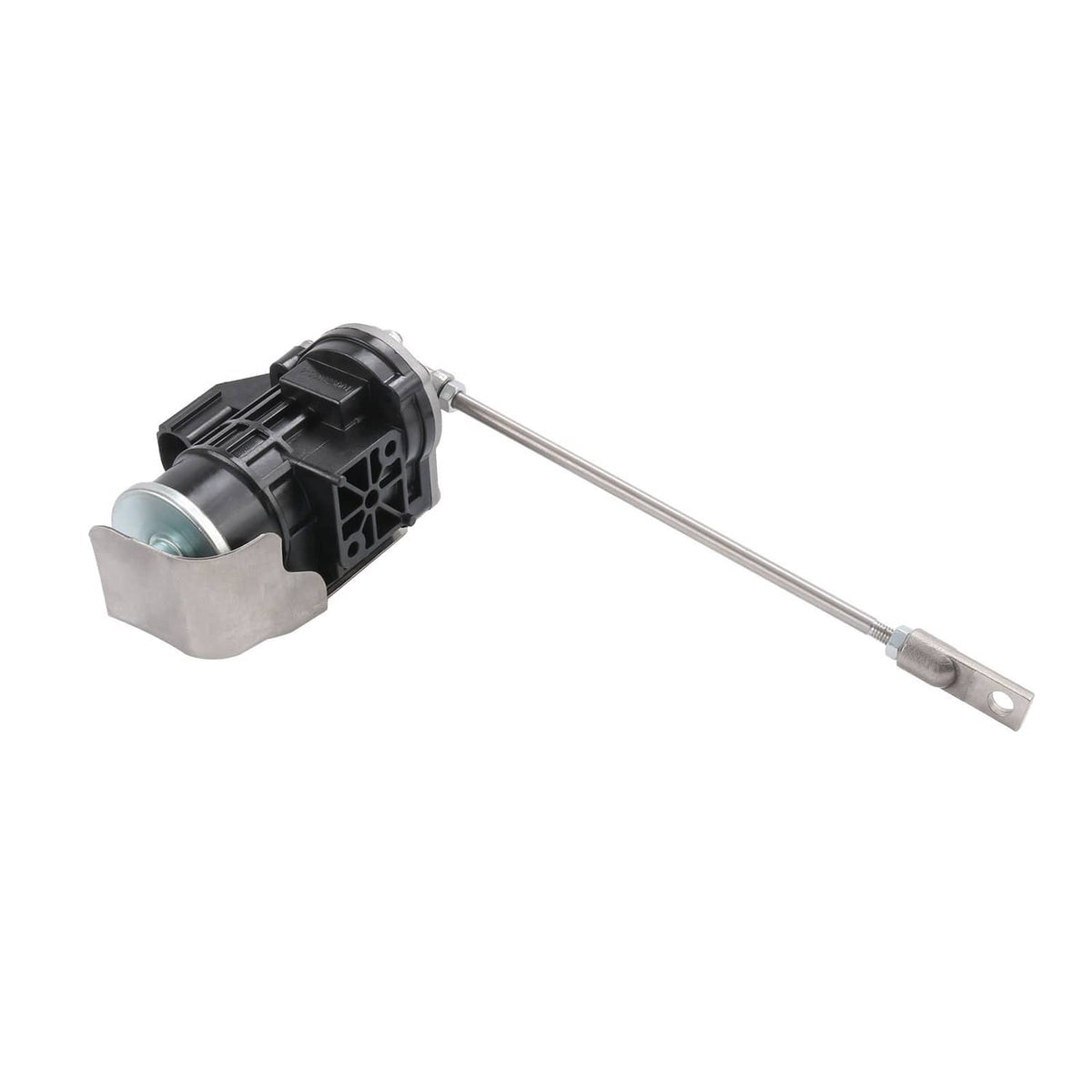 Turbo wastegate actuator with black housing, silver end cap, and metal rod