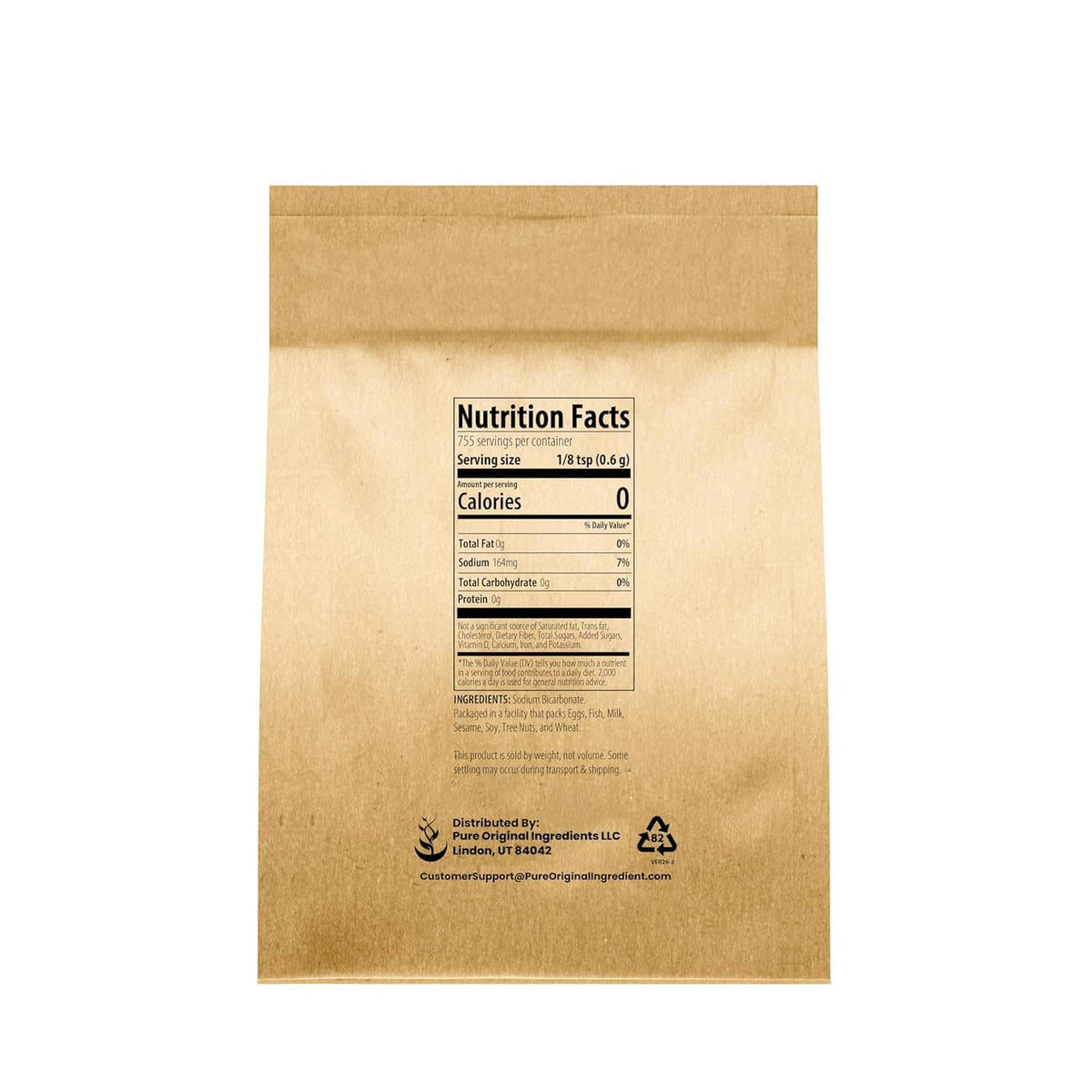 Baking soda pouch back with Nutrition Facts and ingredient panel on kraft paper bag