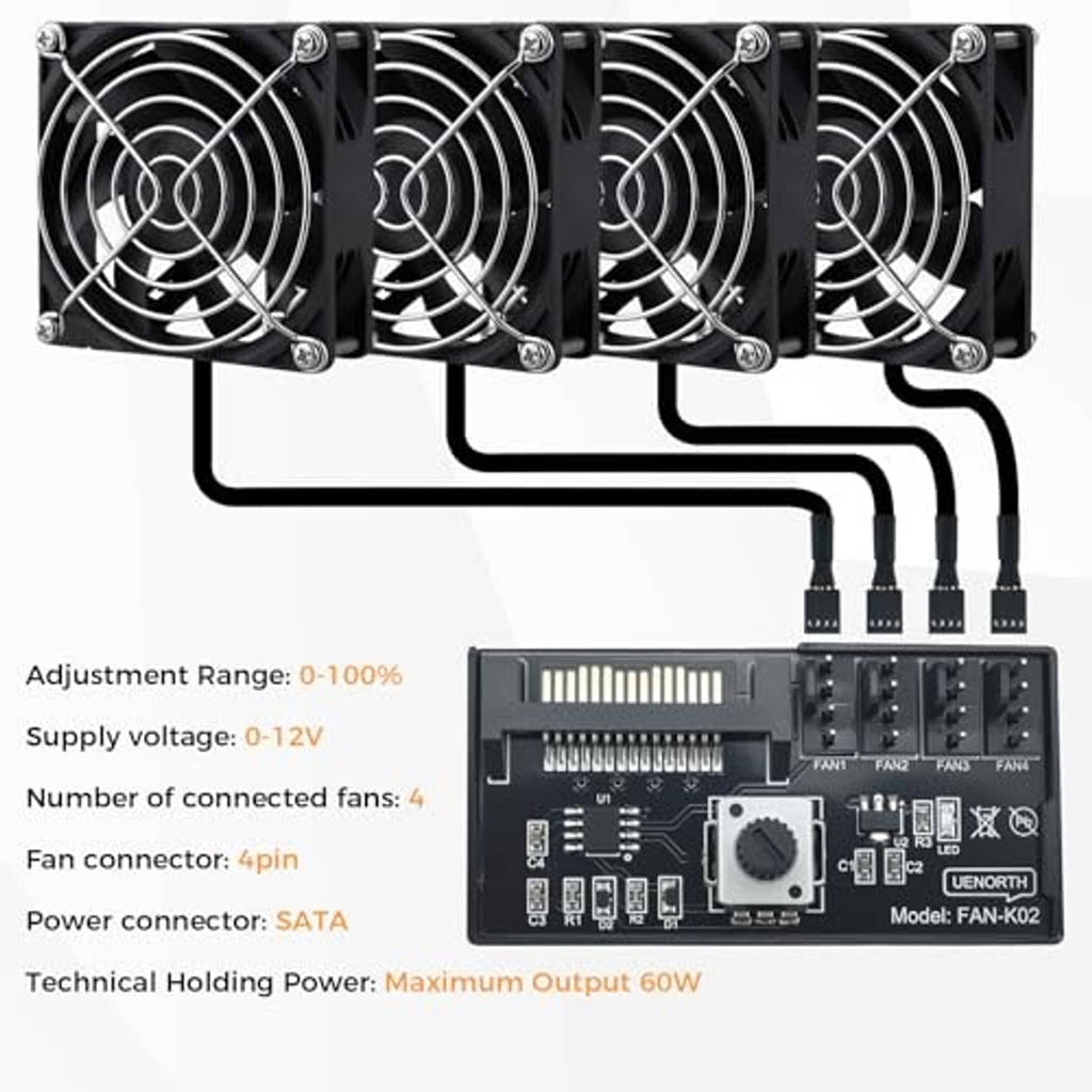 PC PWM fan hub with four cooling fans and black 4-pin cables for chassis power control