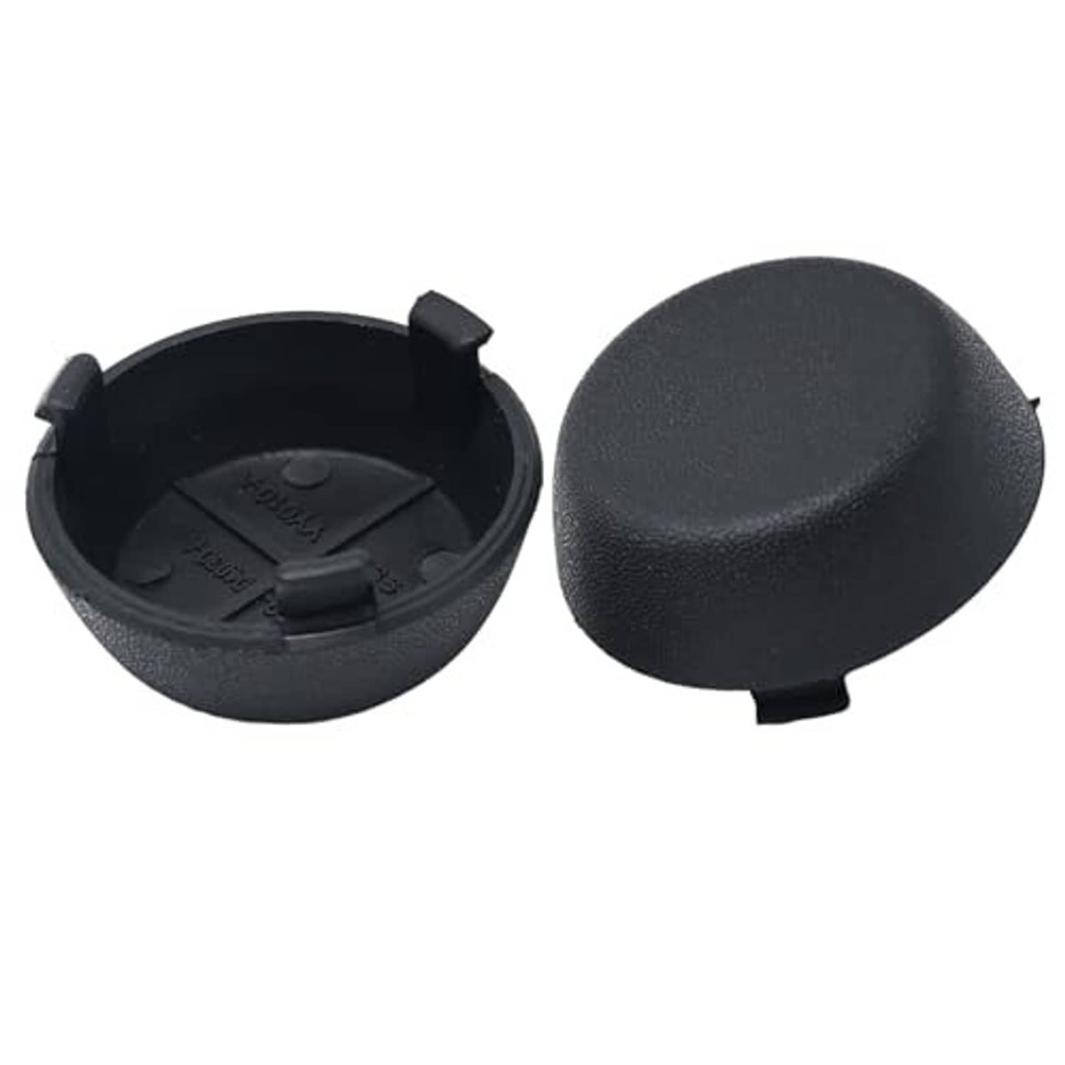 Pair of black rear bumper dome caps with textured surface and molded mounting tabs