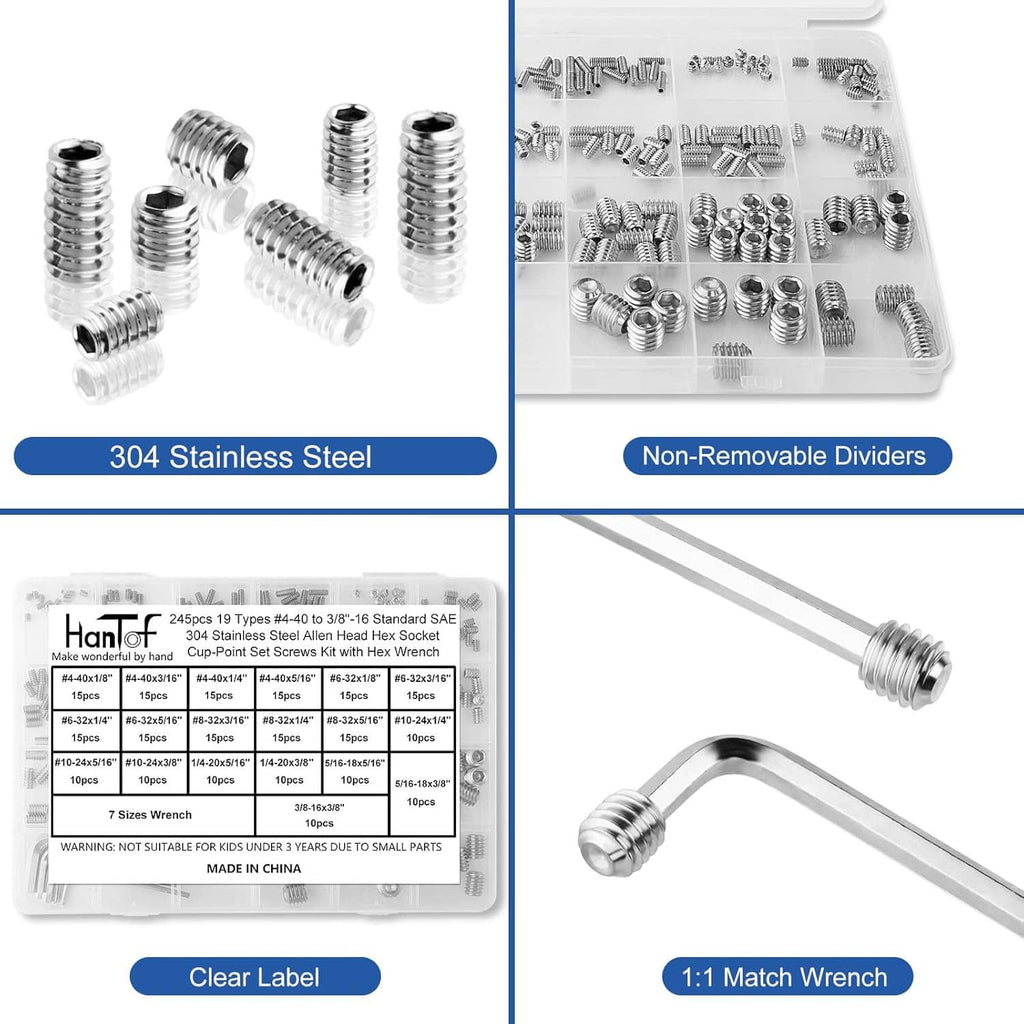 Stainless steel set screw assortment with clear organizer tray and long hex wrench