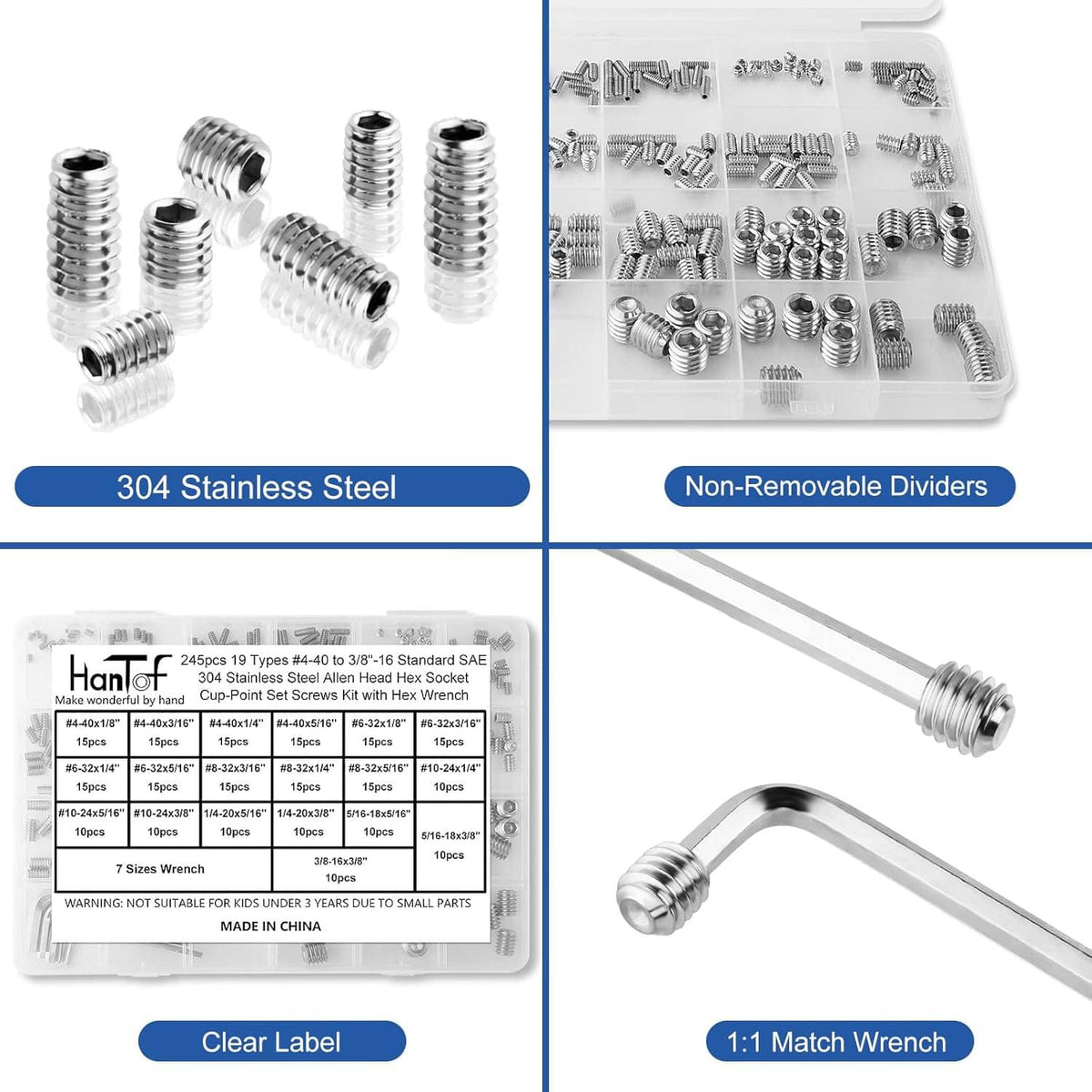 Stainless steel set screw assortment with clear organizer tray and long hex wrench