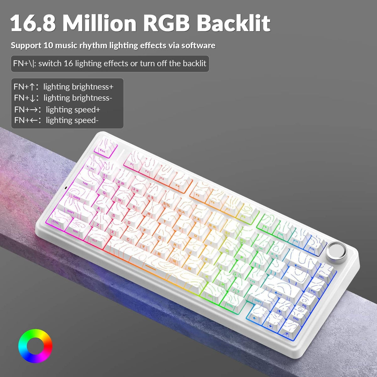 White mechanical keyboard with 16.8 million RGB backlight and rotary knob