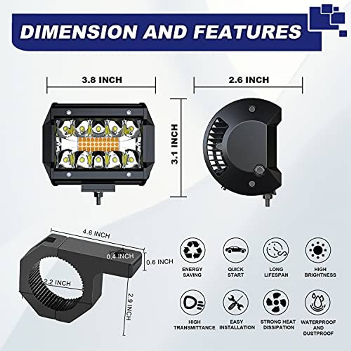 Black LED strobe pod light with front and side bracket measurements
