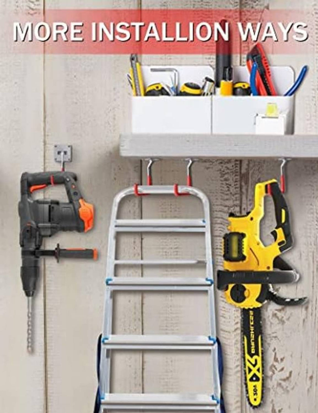 Wall-mounted red U-shaped hooks with adjustable stainless stems and mounting plate