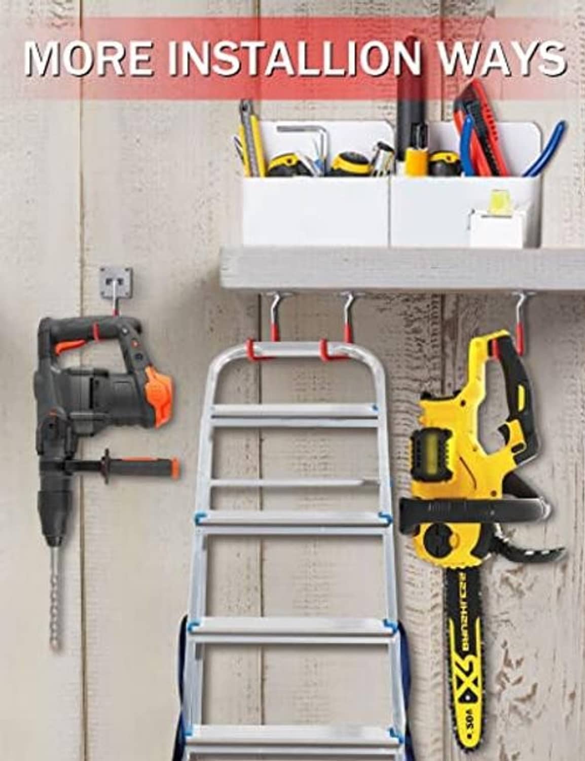 Wall-mounted red U-shaped hooks with adjustable stainless stems and mounting plate