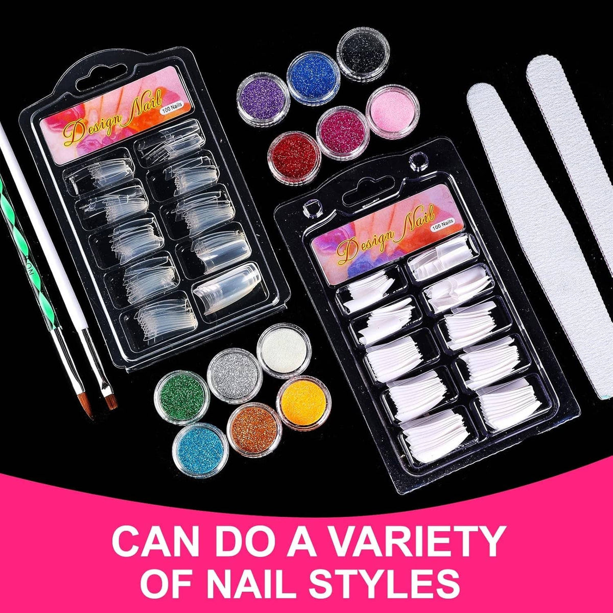 Glitter powder accessory set with nail tips and small color pots