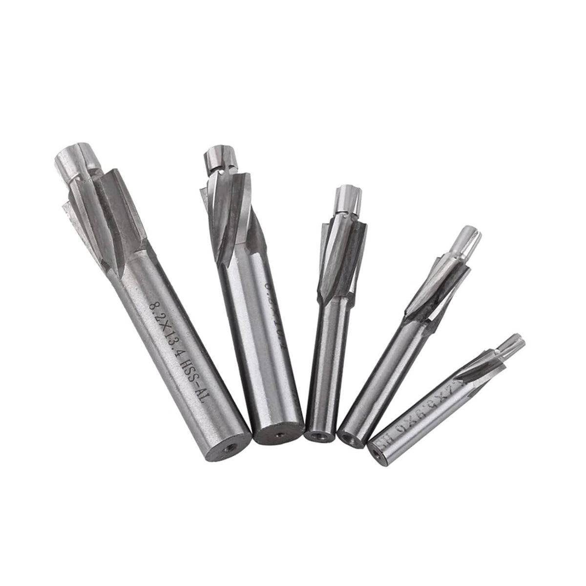 Counterbore drill bit set with straight shanks and four-flute HSS-AL cutting heads