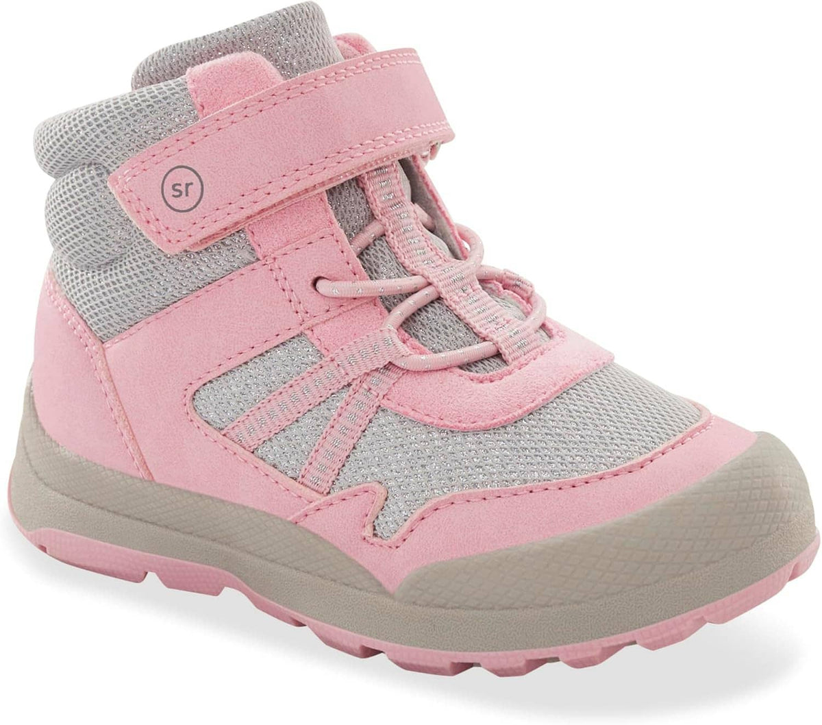Kids' high-top sneakers in gray with pink panels, hook-and-loop strap, lace-up front
