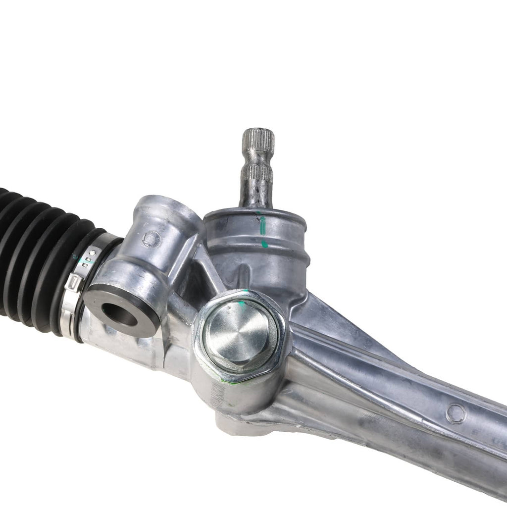 Power steering rack end with metal housing and black rubber boot.