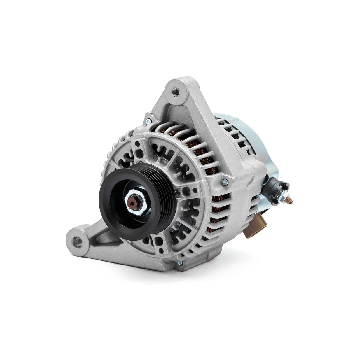 Silver alternator angled view with black pulley and mounting bracket detail