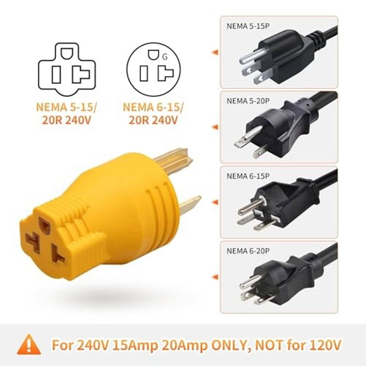 Yellow NEMA 5-15/20R and 6-15/20R adapter plug with male prongs and wire connection