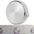 Silver dryer control knob replacement, round with ridged edge and small side tab.