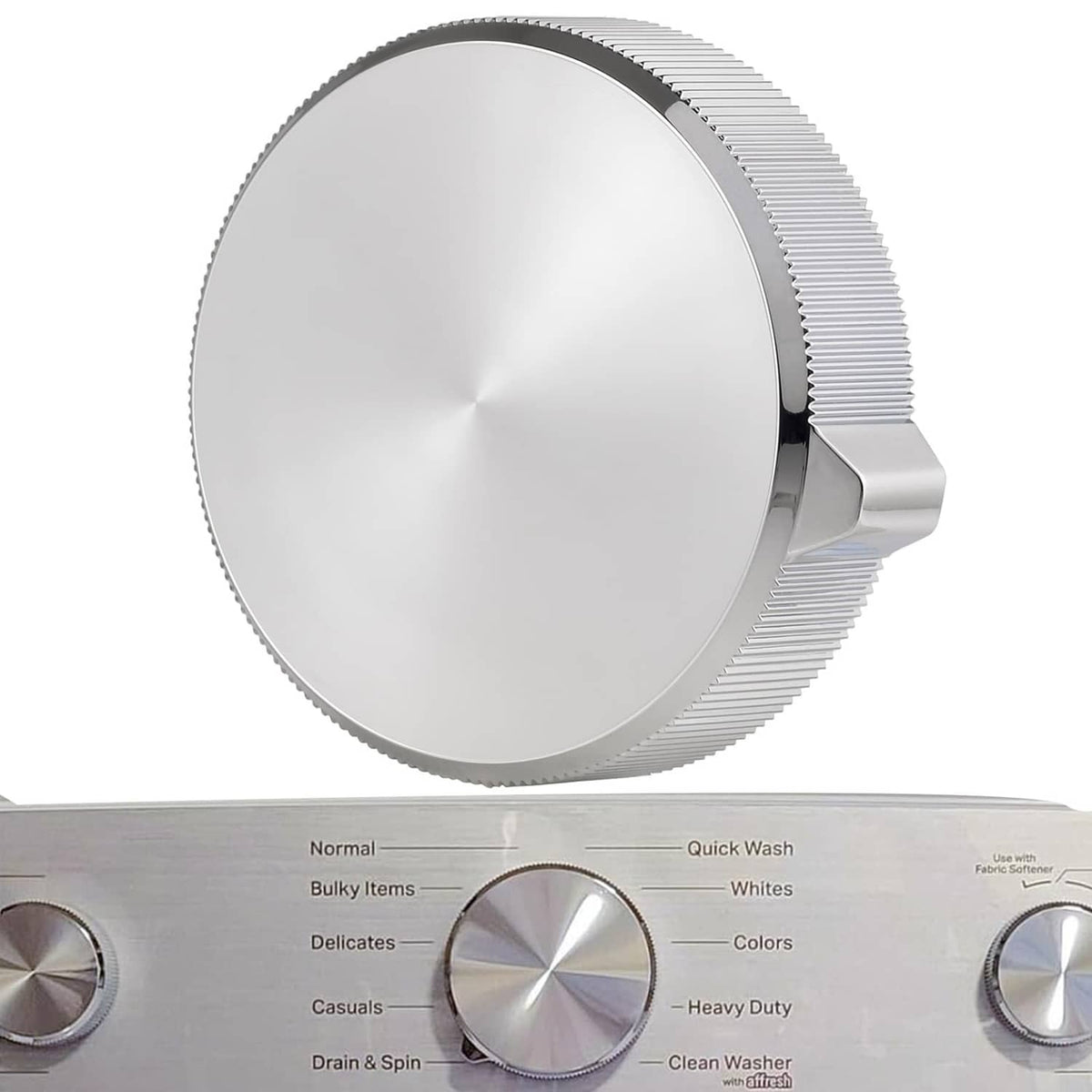 Silver dryer control knob replacement, round with ridged edge and small side tab.