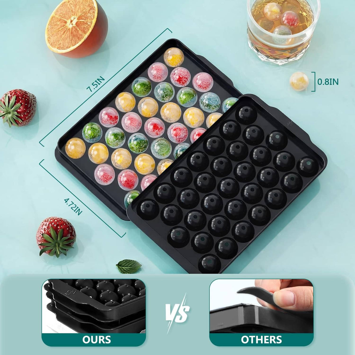 Black ice cube tray with lid showing colorful cube filling, open on tabletop