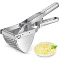 Stainless steel potato ricer with perforated basket and long handle, compact design