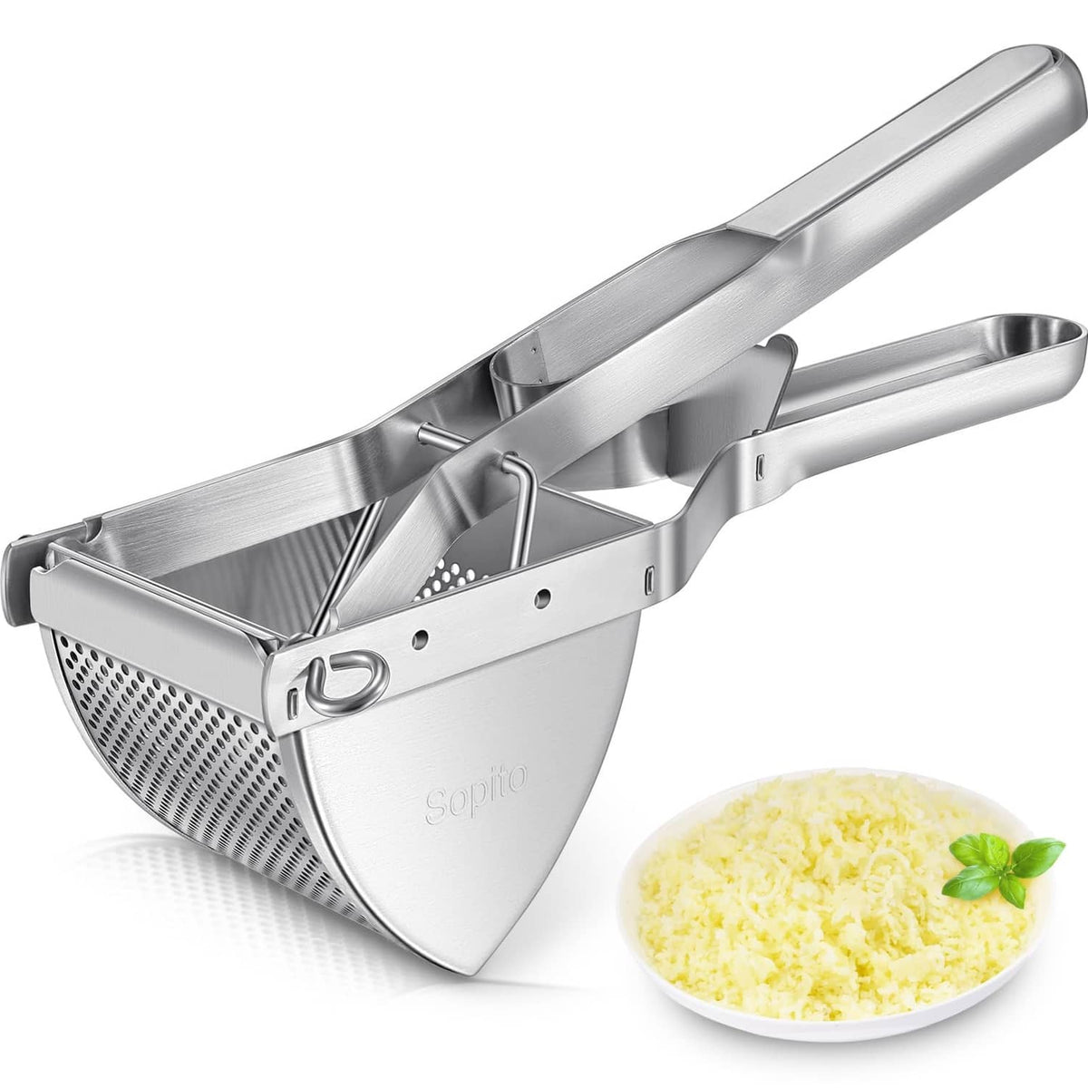 Stainless steel potato ricer with perforated basket and long handle, compact design
