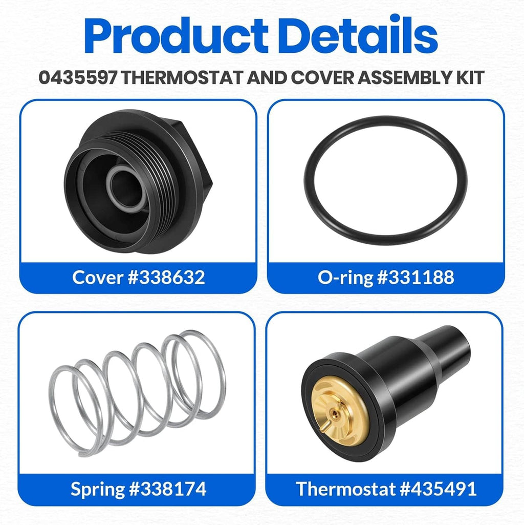 Thermostat and cover assembly details: black cover, O-ring, spring, and thermostat