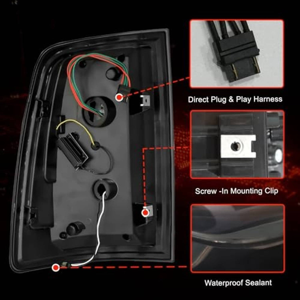 LED tail light housing with wiring harness and screw-in mounting clip detail