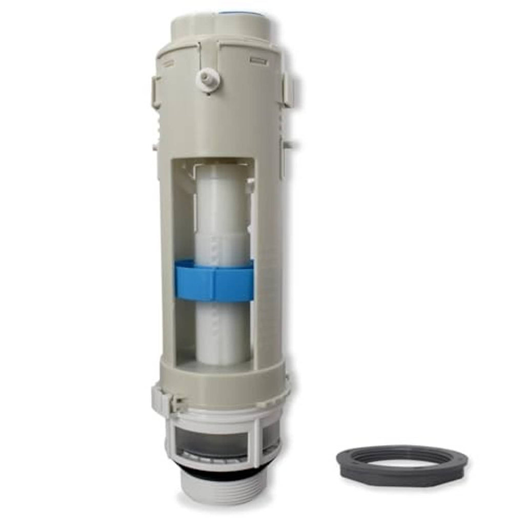 Toilet flush valve replacement part with blue band and threaded bottom, shown on white