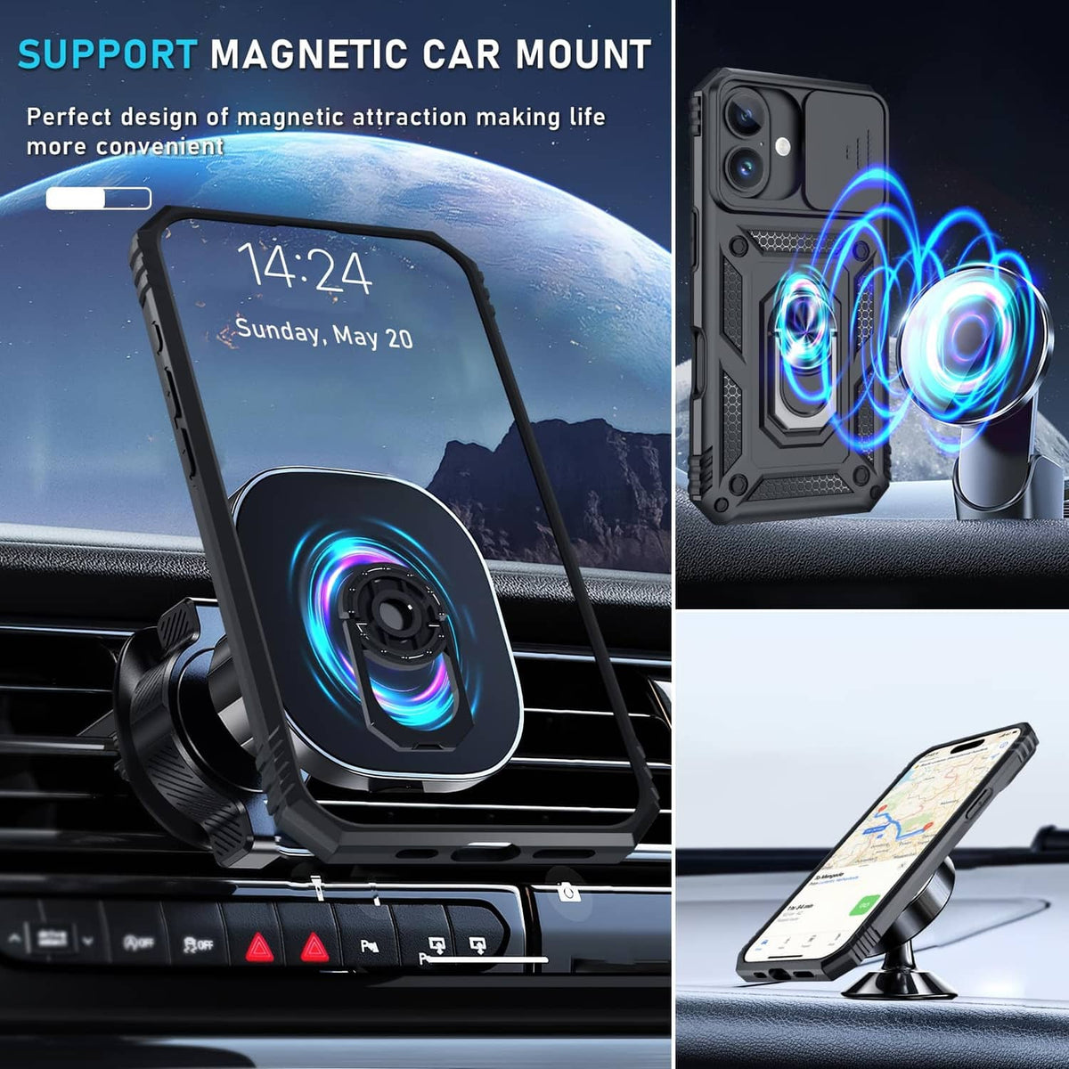 Black rugged iPhone 16 Pro case with magnetic car mount ring for dashboard mounting