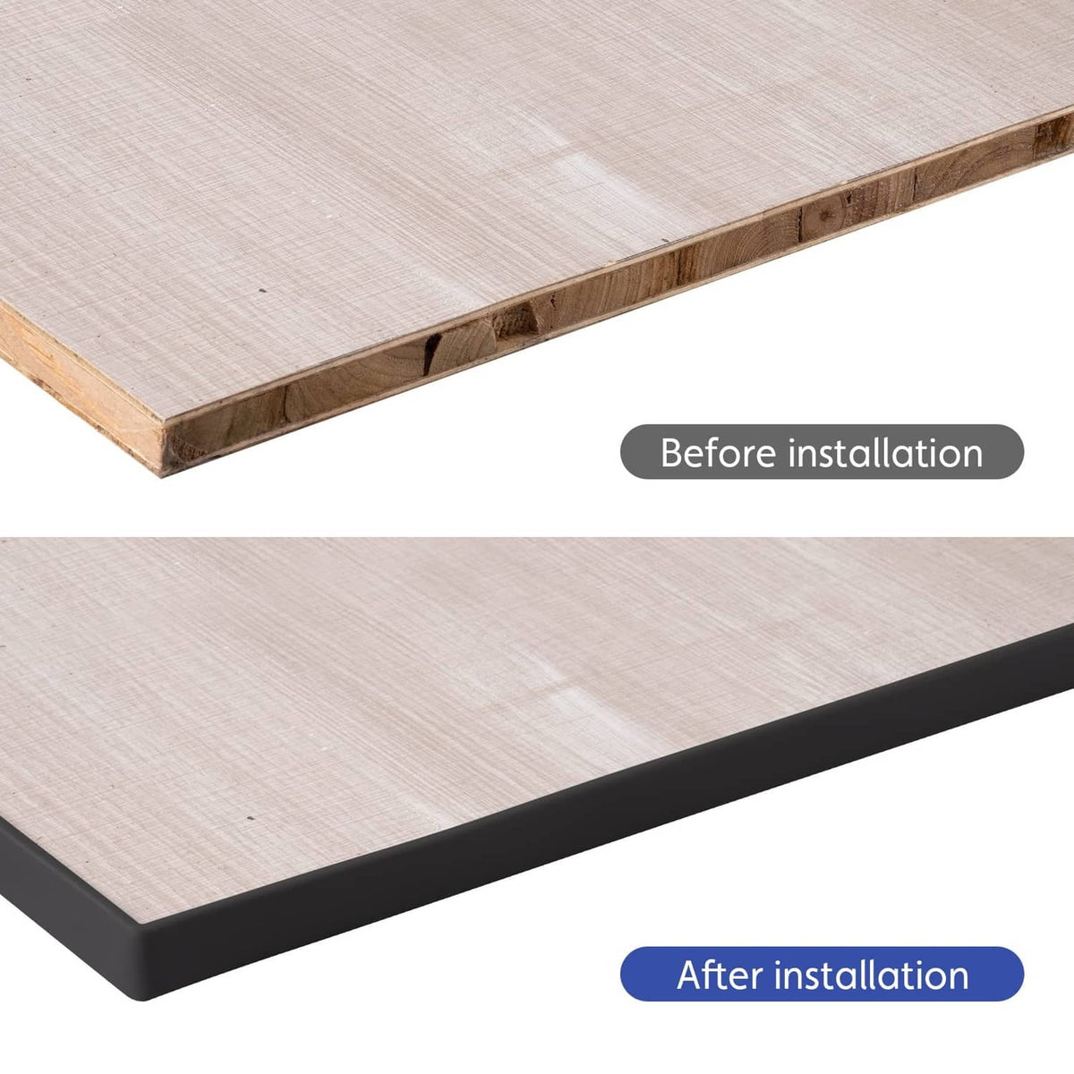 Black U-shape edge banding applied along a board edge for a smooth finish