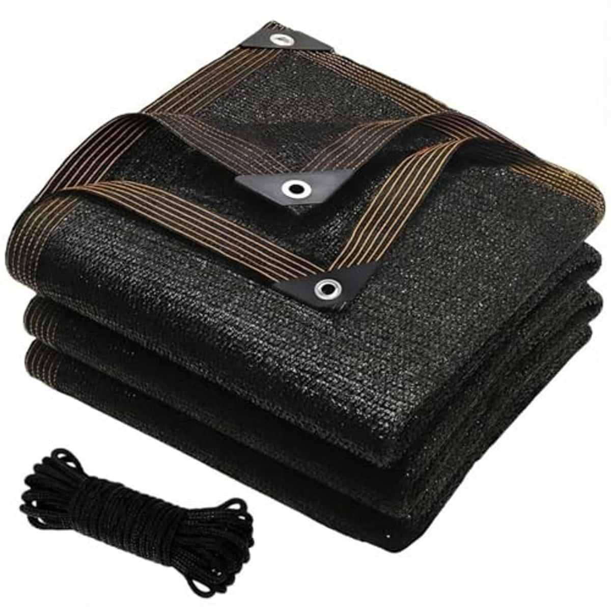 Black mesh shade cloth tarp folded, with metal grommets and included tie rope.