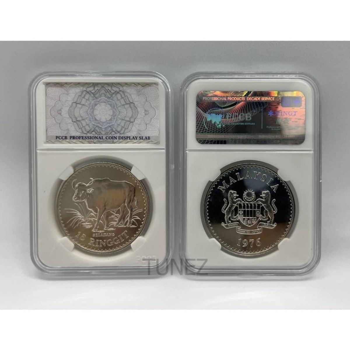 Two acrylic coin slab holders with coins inside; clear round openings