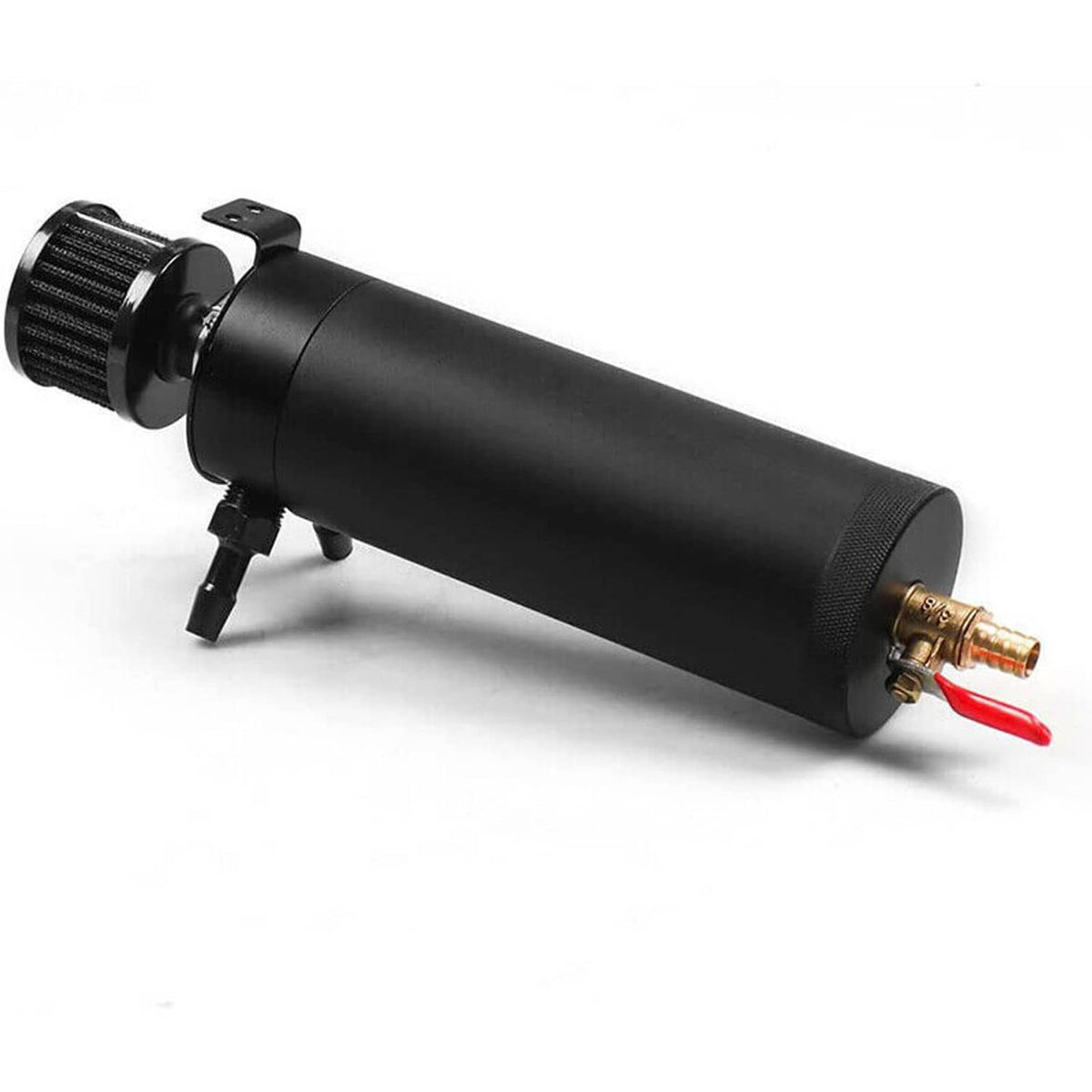 Oil catch can kit: matte black cylinder with base ports and red-tipped valve