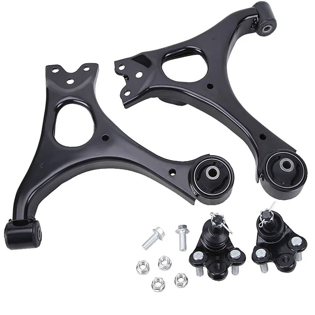 Pair of black front lower control arms with ball joints and mounting hardware