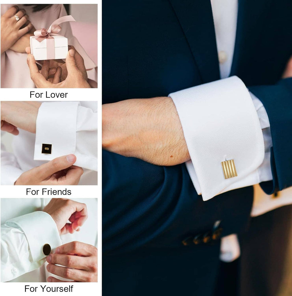 Gold-tone cufflinks with black square inset fastened on a white shirt cuff