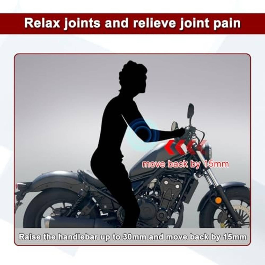 Motorcycle handlebar setup showing riser lift and rearward adjustment for comfort