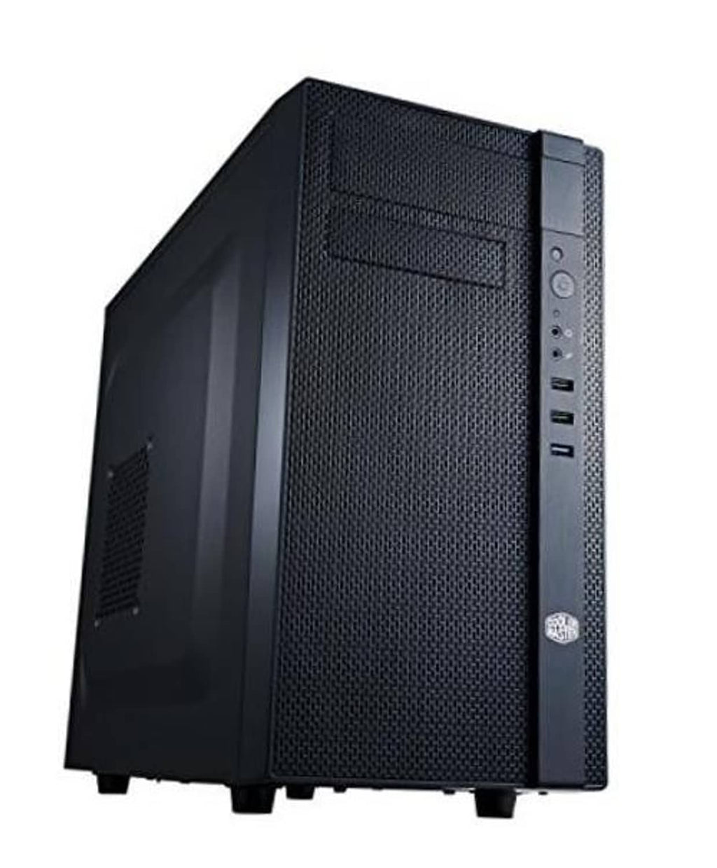Black mini tower PC case with fully meshed front panel and front I/O ports