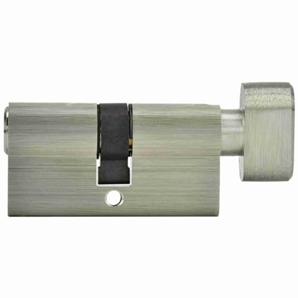 Side view of brushed metal cylinder lock with black internal latch and key ends
