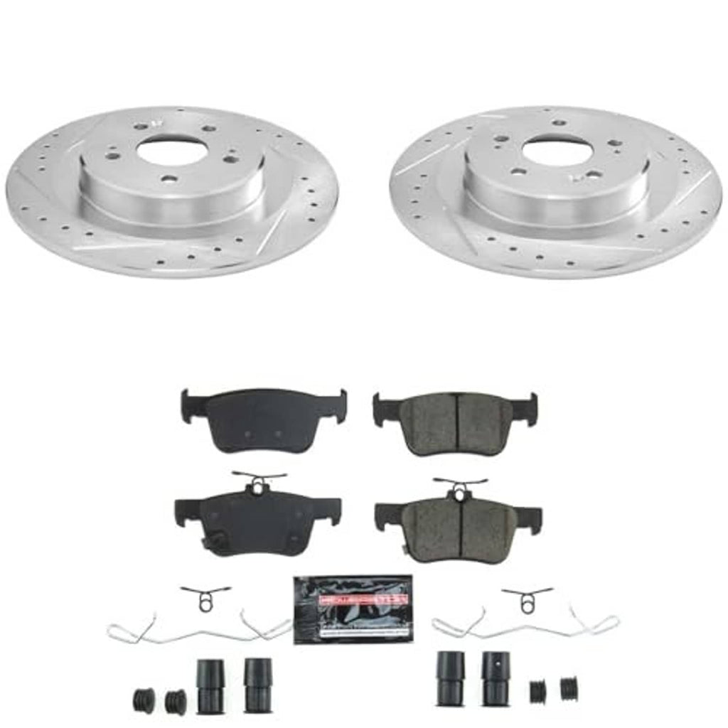 Brake rotor set with four brake pads, clips, and small accessory parts