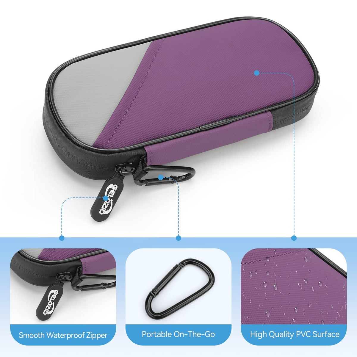 Purple and gray zippered insulin cooler case with smooth waterproof-looking exterior
