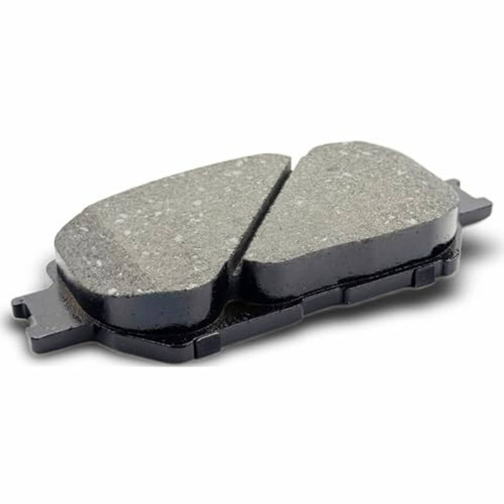 Ceramic brake pad set, gray friction surfaces with black backing and small release tabs