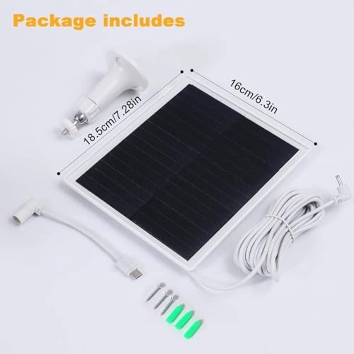 Solar panel charger kit with white panel, white cables, and mounting hardware