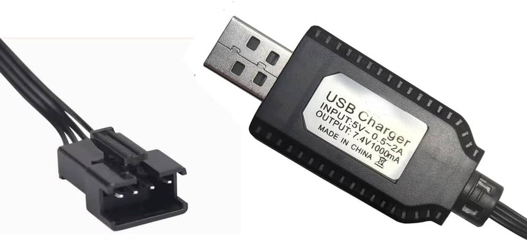 Close-up of SM-4P 7.4V USB-A charger body with black cable and connector ends