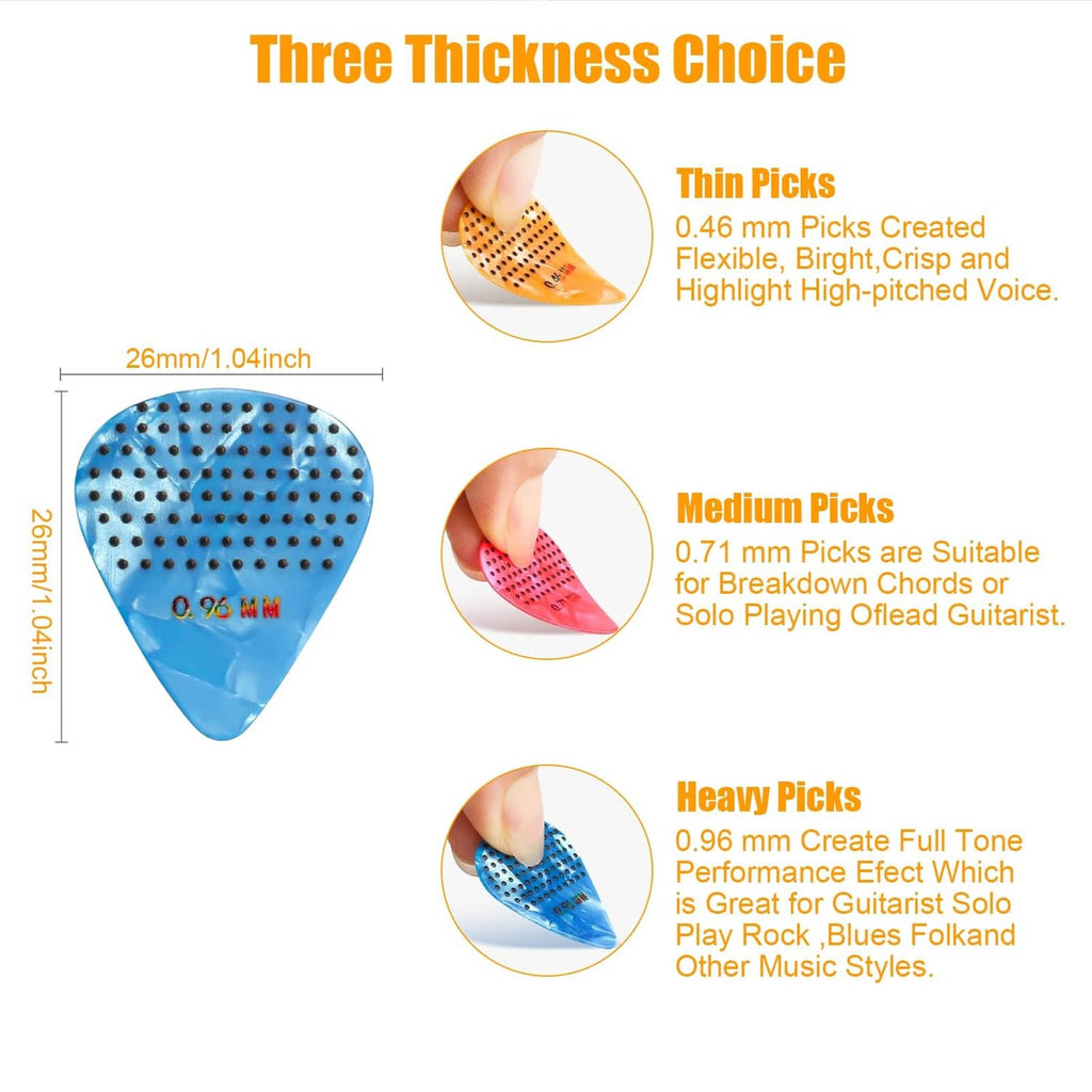 Three thickness non-slip guitar pick options with raised dot grip: thin, medium, heavy.