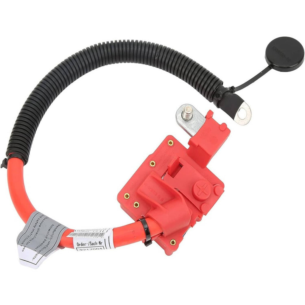 Red battery cable terminal block with black conduit and two metal mounting points