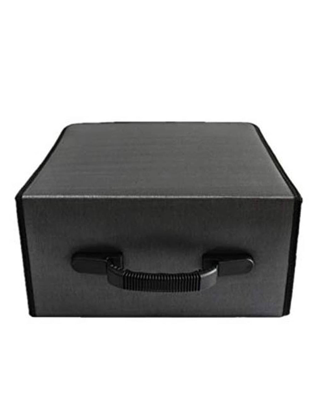 Gray CD/DVD case holder with front pull handle and flat top