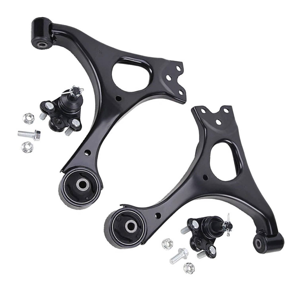 Black front lower control arms kit with ball joints, bushings, and hex fasteners