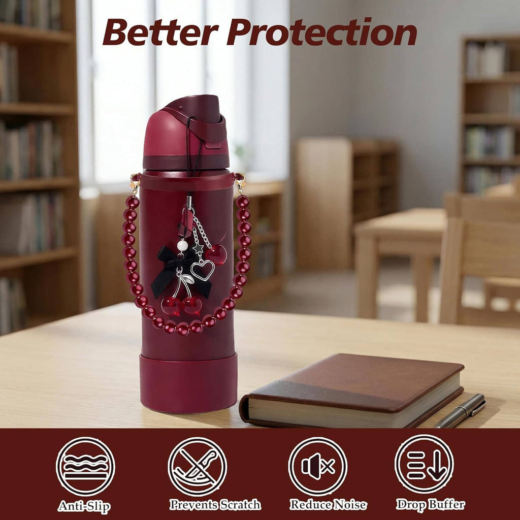 Maroon water bottle charm set with pearl-bead strand and dangling heart and cherry charms