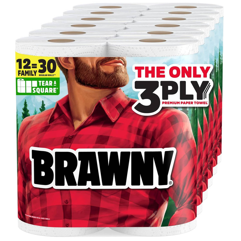 White 3-ply paper towel rolls in a stack, tear-a-square design