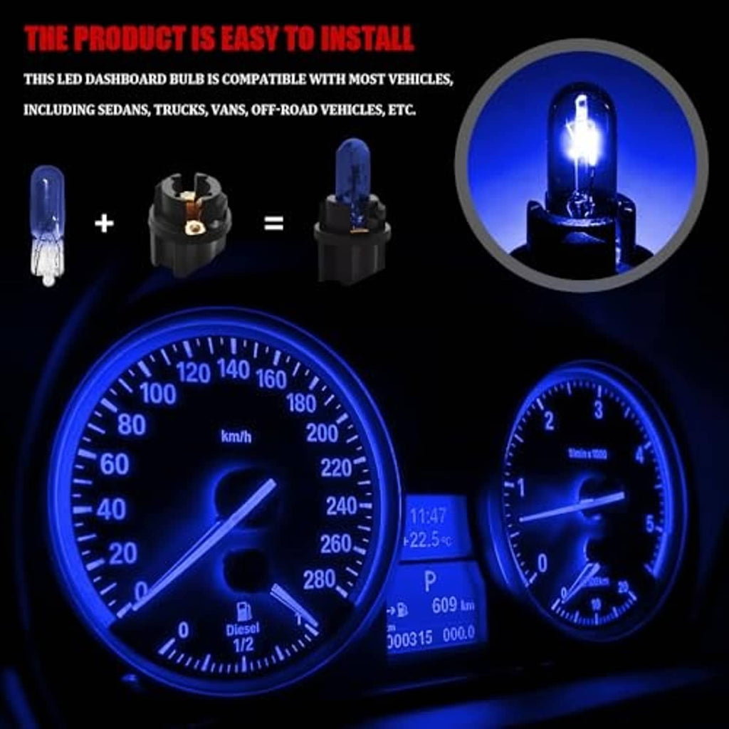 Blue-lit car instrument cluster with dashboard bulb glowing at night