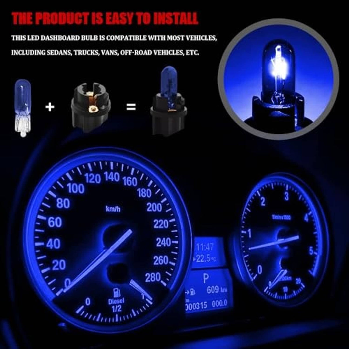 Blue-lit car instrument cluster with dashboard bulb glowing at night