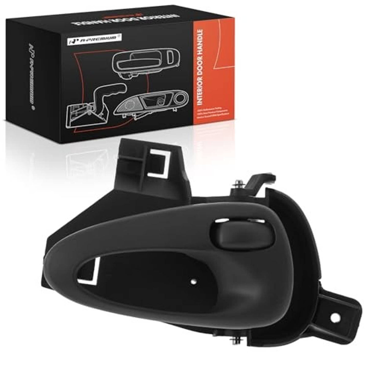 Gray rear left interior door handle with mounting bracket, ABS plastic