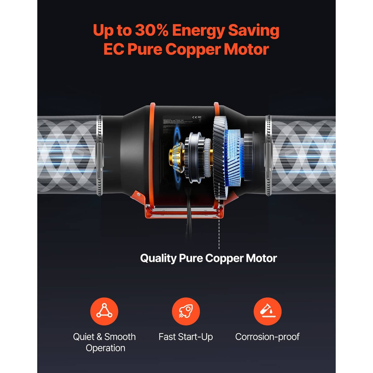 Inline duct fan with orange mounting stand and visible internal motor detail